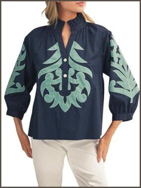 Baroque Applique Ruffled V-Neck Puff Sleeve Blouse Button Down Shirt